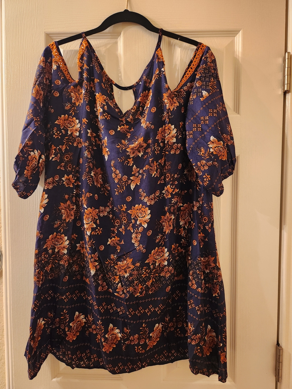 #BACK TO SCHOOL SALE# Navy Floral Cold-Shoulder Dress with Rust Blooms